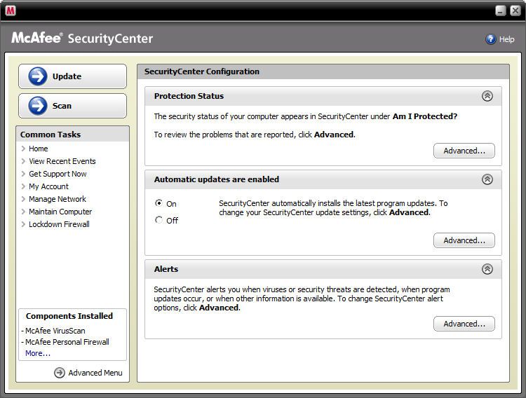 Mcafee Security Center Update Problem